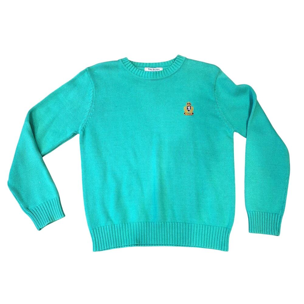 vintage Tess Designs Bermuda green knit sweater with crest sz L